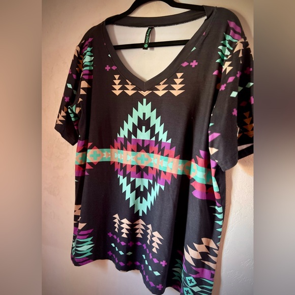 Sterling Kreek Tops - V-Neck Short Sleeve Top with Teal & Purple Aztec Print - Black